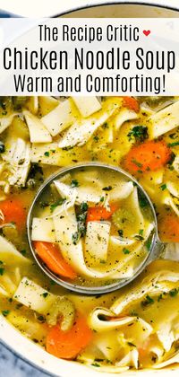 This is literally the BEST chicken noodle soup full of chicken, sliced carrots, celery, and tender wide noodles. A classic homemade soup seasoned and cooked to perfection. It's the perfect warm and comforting soup for the winter!