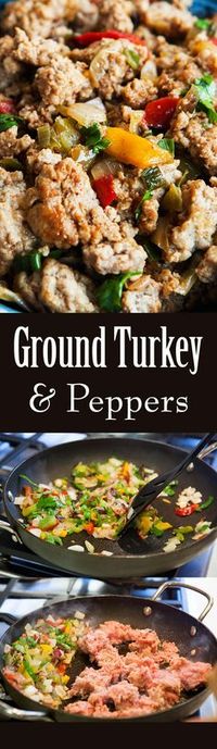 1-Pot, 30 minute, quick and easy dinner! Sautéed ground turkey with onions, garlic, and bell peppers. Makes a GREAT midweek meal! Budget-friendly too. On SimplyRecipes.com