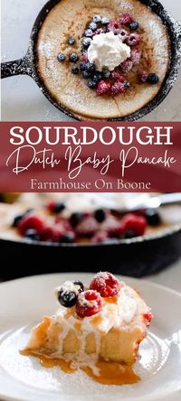 This easy sourdough Dutch baby pancake has a delicious, soft center with the classic puffiness of your favorite German pancake recipe but made healthier with fermented grains. It's the perfect recipe for all that sourdough discard. #farmhouseonboone #sourdoughdutchbabypancakes #dutchbabypancakes #Germanpancakes