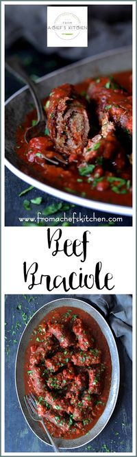 Beef Braciole is a company-worthy, classic, hearty, homestyle southern Italian dish that's perfect for a winter night!  Thin slices of beef, a savory filling in a wine-infused sauce you'll fall in love with! via @chefcarolb