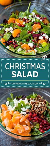 This Christmas salad is a blend of mixed greens, oranges, pomegranate, feta cheese and candied pecans, all tossed in a homemade dressing. 