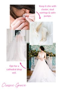 This classic style is all about keeping your wedding day look chic! Stud earrings, satin pumps, and a cathedral drop veil complete this elegant wedding style!