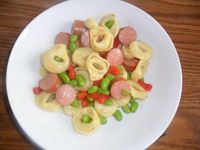 tortellini with smoked sausage, red bell pepper, and edamame