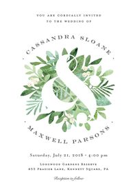 a bold ampersand is reversed out of the beautiful greens to create an elegant garden or tropical wedding invite.