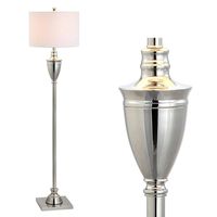 Classical style meets contemporary elegance in this polished nickel floor lamp with a bright white drum shade. Typically used as a silhouette for table lamps, the Grecian urn accent adds an old-world element to this functional silhouette. At 62 in. tall, it is the perfect height for beside a sofa or between a pair of club chairs.