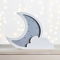 Our dreamy moon & cloud is just made for bedtimes! The wooden wall light is illuminated 12 warm white LEDs for a cosy glow in your little one's bedroom. Simply pop in 2 x AA batteries and use the handy timer function for 6 hours of illumination each evening. (H) 23 x (W) 30 x (D) 2.5 cm 2 x AA batteries (sold separately) 6 hour timer