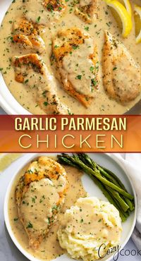 This Garlic Parmesan Chicken recipe has an incredible sauce with plenty of fresh garlic, savory Parmesan cheese, white wine, and the best seasonings.