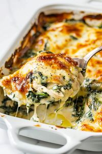 This chicken and spinach casserole with cream cheese is creamy and dreamy. And the golden, bubbly cheese on top makes everything better.