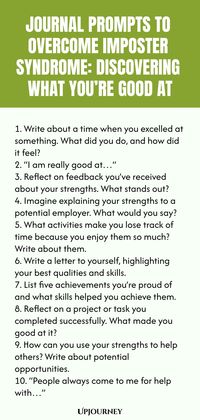 Explore these insightful journal prompts designed to help you overcome imposter syndrome and discover your unique strengths. Embrace the journey of self-discovery as you delve into what truly makes you exceptional. Take a step towards recognizing and celebrating your own talents with these thought-provoking prompts. Uncover the genuine qualities that set you apart and boost your self-confidence along the way. Start journaling today to explore the depths of your abilities and pave the way for ove