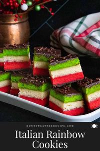 Italian Rainbow Cookies are a classic Italian-American dessert that is made of three thin layers of almond cake layered with jam and coated in a thin layer of chocolate.