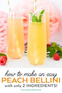 How to Make an Easy Peach Bellini Recipe with only 2 ingredients! Peach Bellinis are a simple, light, and refreshing cocktail for spring and summer by Pineapple Paper Co. #cocktail #drinkrecipe #bellini #peachbellini #champagne #drink #easycocktailrecipe