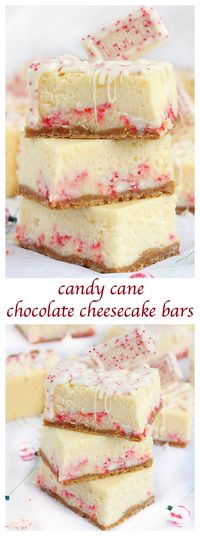 Velvety peppermint cheesecake with swirls of white chocolate candy cane bars and topped with a piece of chocolate, these festive chocolate cheesecake bars are a showstopper.