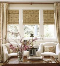 Lovely Living Room. Love the Bamboo Roman shades, etc. Designer delores