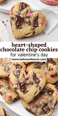 These heart-shaped chocolate chip cookies are perfect for valentines day! No chill time is required, so they're easy to make in under 30 minutes!