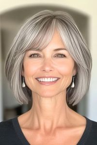 Save this pin for the best silver hair color ideas. Who says silver can't be playful? This sassy silver bob with side-swept bangs proves otherwise. The angled cut adds a sleek touch, while the silver shade is all about elegance.