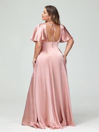 Lavetir sells a large selection of 2025 plus size bridesmaid dresses and wedding party dresses online. Here is the dress detail: Fabric: Silk Satin; Silhouette: A-Line/Princess; Neckline: V-Neck; Hemline/Train: Floor-Length; Embellishment: Split Side; Pockets; Sleeve: Half Sleeves; Waist: Natural; Back Style: Zipper; Built-In Bra: Yes; Season: Spring;Summer;Fall;Winter; Shown in Gold color.