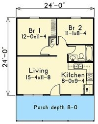 We've pared things back to a minimum in this 2 bedroom outdoorsman's getaway cottage: two beds, a bath, and an open living area. The roof has a 6:12 pitch and the ceilings are 8'. The front porch is covered and extends across the entire front of the home. It is 8' deep, plenty of room for rocking chairs. Architectural Designs' primary focus is to make the process of finding and buying house plans more convenient for those interested in constructing new homes - single family and multi-family ones