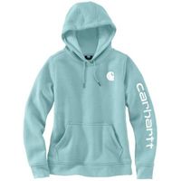 Cold winter mornings are a lot more comfortable with this women's hoodie. Made of heavyweight fleece, the sweatshirt is brushed on the inside for extra softness. It has a relaxed fit that allows for easy layering, and it's finished with a Carhartt logo down the sleeve. 10.5-ounce, 73% cotton / 27% polyester Three-piece hood with drawcord Rib-knit cuffs and waist help keep out the cold Front pouch pocket Carhartt signature logo printed on sleeve; Carhartt 'C' graphic on front Country of Origin: I