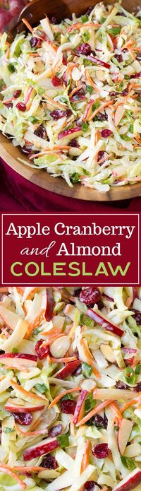 Crunchy, fresh and delicious, this Cranberry, Almond and Apple Slaw is the perfect side for BBQ's, parties or picnics. Made with a simple, tangy homemade dressing and so easy to adapt with your favorite flavors, you can't go wrong! #cookingclassy #coleslaw #apple #BBQ #slaw #cranberry #almond #coleslawrecipe #potluck