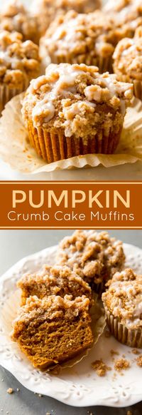 Soft and moist pumpkin muffins topped with pumpkin spice crumbs and maple icing! Recipe on sallysbakingaddiction.com