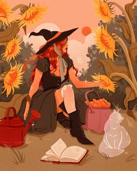 Gardening Witch art print by Brittany Keller, printed on silk cover paper (weight 111#) with a semi-glossy finish.  - All illustrations designed by Brittany Keller - Comes in 2 sizes - Frame not included - Printed by a local professional printing studio in SLC, Utah. - Delivered flat in rigid envelope