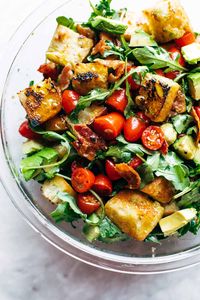 BLT Panzanella! The best salad for summer. Fried bread, arugula, tomatoes, bacon, and an easy balsamic dressing. YUM! #salad #panzanella #summer #balsamic #bacon #potluck | pinchofyum.com