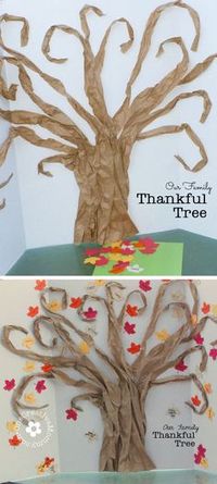 Teach your kiddos about gratitude with a Thankful Tree. Write things you are thankful for on the leaves, and keep adding them all month long. {OneCreativeMommy.com} #ThanksgivingCraft