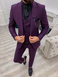 Men's 3 Piece Purple Suit Groom Wedding Suits Formal Casual Personalized Dinner Suits Christmas Party Suits Item Include (Coat+ Vest+ Pant) Fabric:- Imported, Premium Color:- Purple  Dry Clean Recommended The suit is for wedding, Party, Proms, and Many Occasions. We make the suit according to our Standard size chart, If you are not sure about your size/measurement, please give your body measurement in inches, so we make perfect suit for you. Jacket Measurement:- 1 Jacket Length 2 Chest (Circumfe