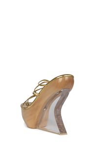 Strappy platform wooden sandal with lucite wedge Fits true to size Measurements taken from size 7 Synthetic upper, Synthetic / Leather lining, Synthetic sole 5.25" Heel, 2.25" Platform