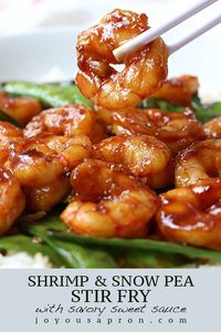 Shrimp and Snow Pea Stir Fry - quick Asian meal that is full of great flavors and textures, and healthy too! Serve with white or brown rice! Easy weeknight dinner! #easy #shrimp #stirfry #chinese #prawns #recipe #food #dinner #seafood #recipe #joyousapron