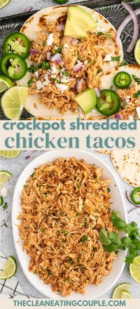 An easy, healthy recipe for Crockpot Shredded Chicken Tacos! Let your slow cooker do the work for dinner tonight and enjoy delicious shredded chicken tacos with salsa!