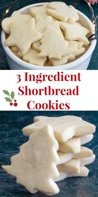 These easy, melt in your mouth 3 Ingredient Shortbread Cookies, are a must for every Holiday Cookie Tray. All you need is flour, butter and sugar, cut out or roll and slice, they will be loved by all. Delicious Christmas Cookies. 