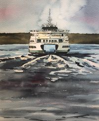 "Ferry Ride in the PNW watercolor Print. Here is a beautiful painted ferry boat leaving the dock. This is a unique view of a ferry and gives the feeling of leaving on an adventure to another land. Painted area measures 8\" x 10\" with an extra 1/2\"white boarder, making the overall size 9x11\". All prints are archival."