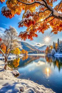 snow, lake, trees, leaves, sun