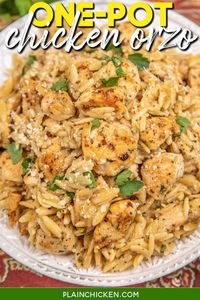 One Pot Chicken and Orzo Recipe - super simple to make and ready to eat in under 30 minutes! Chicken tenderloins, garlic and herb seasoning, olive oil, garlic, orzo pasta, chicken broth, and parmesan cheese. The whole family loves it easy weeknight meal!