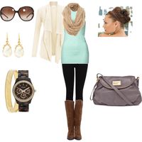 mint tank/top + cream sweater + dark skinnies + brown boots + gold/tortoise accessories + grey crossobdy ***missing skinnies/leggings