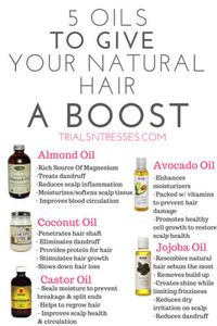 Does your natural hair need a boost? Check out the benefits behind these 5 essential oils! #naturalhair #teamantural #naturalhairoils #essentialoils #almondoil #avocadooil #castoroil #trialsntresses