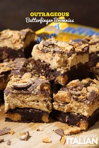 OUTRAGEOUS BUTTERFINGER BROWNIE - Yes. Just YES!!! A rich, chocolate, fudgy brownie bursting with Butterfingers is topped with Butterfinger frosting, milk chocolate and more Butterfingers.