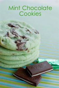 mint chocolate cookie ..making these for St.patrick's day 2 3/4 cup flour 1 tsp baking soda 1/2 tsp baking powder 1/2 tsp salt 1 cup unsalted butter (at room temperature) 1 1/2 cup sugar 1 egg 1 tsp mint extract 15-20 drops green food coloring 1 bag of Andes mints (chopped) Directions Preheat oven 375 degrees. Sift the dry ingredients (flour, baking soda, baking pow