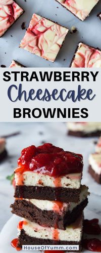 Strawberry Cheesecake Brownies. These homemade brownies are loaded up with a layer of creamy cheesecake then swirled with a sweet strawberry sauce for a pop of color and flavor! Spoon the extra strawberry sauce over the top for an extra special dessert! These are the perfect treat for that special someone.