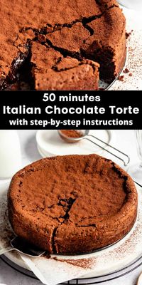 This Torta Caprese is a famous Italian chocolate torte made with ground almonds, dark chocolate, cocoa powder, and whipped egg whites.