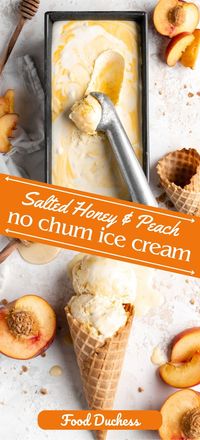 It’s sweet, it’s creamy, and it absolutely just screams summer, this Salted Honey and Peach No Churn Ice Cream is the summer-treat you’ve always been looking for! This no churn peach ice cream recipe features fresh, juicy peach chunks that are folded into a creamy no-churn ice cream batter. But this no-churn batter is special, because it has been infused with salted honey! The salt adds an amazing contrast to the ice cream, helping to amplify the flavors of the honey and peaches.