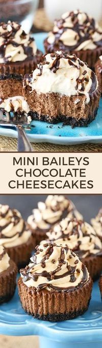 Mini Baileys Chocolate Cheesecakes - irish cream in the cheesecake and the whipped cream! The cupcake size makes them the perfect size dessert for St. Patricks Day!