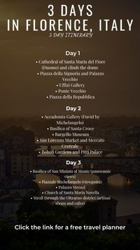 If you are going to be spending 3 days in Florence, Italy, here is a 3 day itinerary for Florence, Italy.  Click the link for a free travel planner.