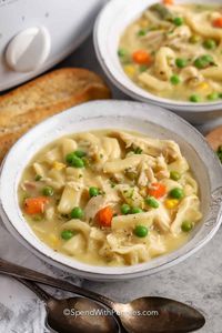 Crock Pot Chicken and Noodles is the ultimate comfort food. Juicy chicken, vegetables, and tender noodles are cooked in an easy creamy broth.