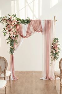 "This arch decoration set contains floral arrangements and polyester drapes. Design for your wedding ceremony backdrop, wedding aisle archway decoration, sweetheart table flower decor, bride's and groom's chair back decor. PACKAGE DETAILS: Set of 5, including large corner flower swag x1, tie-back flower x1, white drape x1, blush drape x1, dusty rose drape x1, and green cable zip tie x6. Size: 1 Large corner flower: 6ft L x 1ft W, the flower part 35\" L x 17\" W. 1 Tie-back flower: 3ft L x 1ft W,