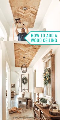 A tray ceiling adds height and architectural interest to your home. Take it to the next level with this recessed tray ceiling idea! Just a few pallets and a few hours took this ceiling inset from basic to beautiful in this modern farmhouse entry. #diyceiling #diywoodceiling #palletwoodceiling #farmhouseDIY #farmhouseentry