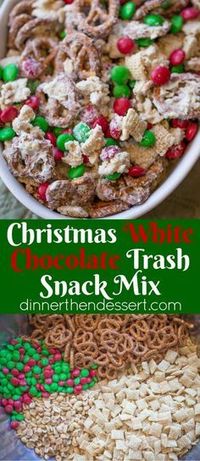 Christmas White Chocolate Trash Snack Mix with pretzels, cereal, peanuts and chocolate coated candies all tossed together with a generous coating of white chocolate.