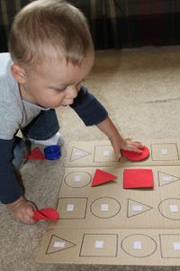 do with a felt board. make shapes in different colors for color sorting also (every shape orange, every shape blue, etc.) - can sort by rows, columns, diagonal...