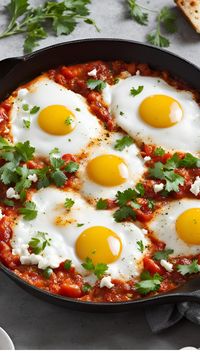 Spice up your morning with this vibrant Shakshuka recipe! Poached eggs in a rich, spiced tomato sauce topped with creamy feta and a kick of fiery harissa. Perfect for brunch or a light dinner. Easy to make and full of flavor! #Shakshuka #MiddleEasternFood #BrunchRecipes #HealthyBreakfast #SpicyEggs